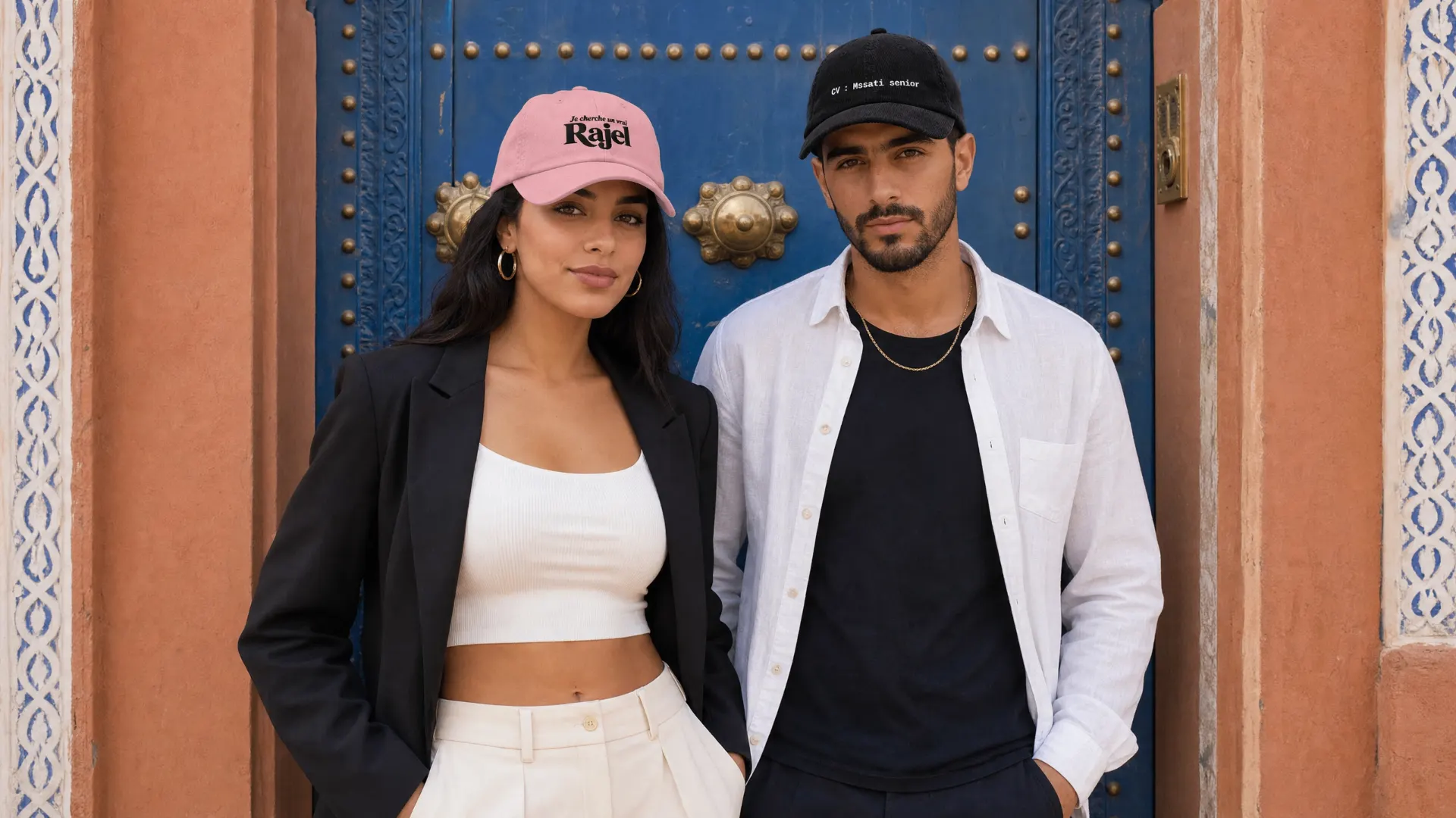 Duo DARIJA WEAR devant une porte bleue de Marrakech
